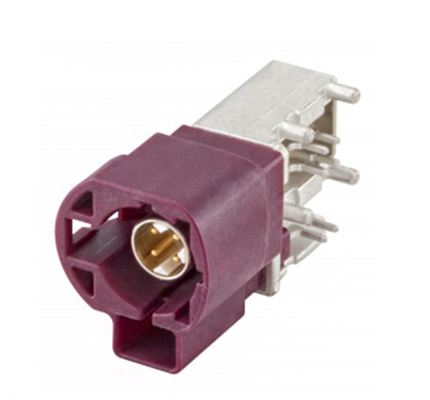 FAKRA konektor laki-laki dengan pengelasan pin tengah dan crimping lengan tembaga; 99S20D-40MA5-BX colokan sudut kanan (untuk PCB); merah.